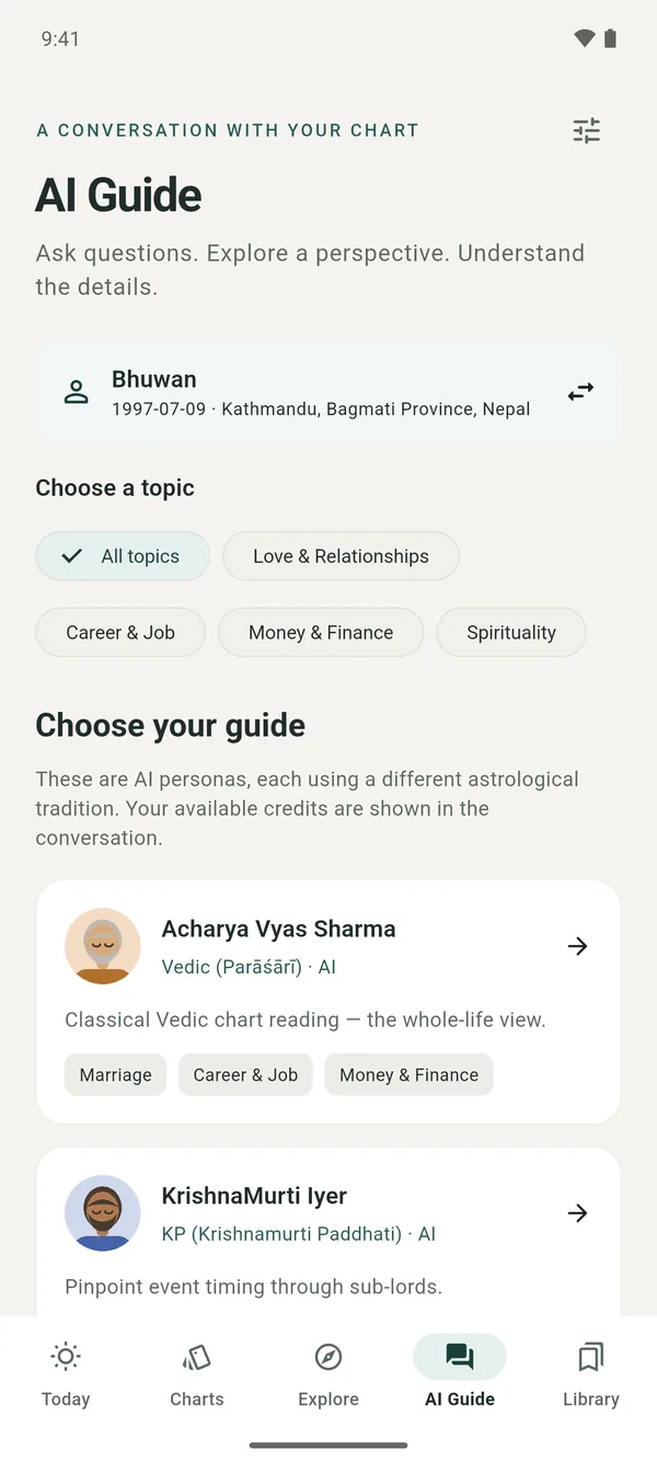The AI Guide screen in the AstroMaster Android app